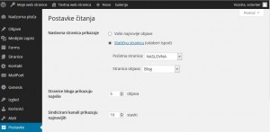 Okvir postavke čitanja - uređivanje prikaza naslovne stranice