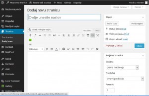 Prikaz zaslona za uređivanje nove stranice