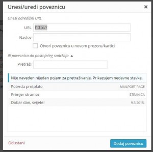Okvir za unos i uređivanje poveznice